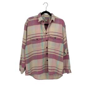 Vintage Bugle Boy Buttondown Shirt Womens Sz Large Long Sleeve Pink Plaid *FLAWS